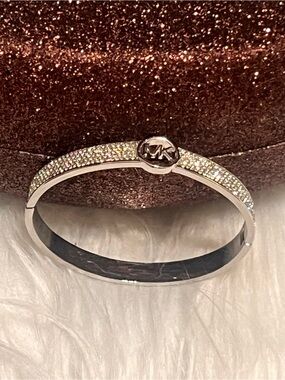 Michael Kors Silver tone Crystal Pavé MK Hinge Bangle Bracelet